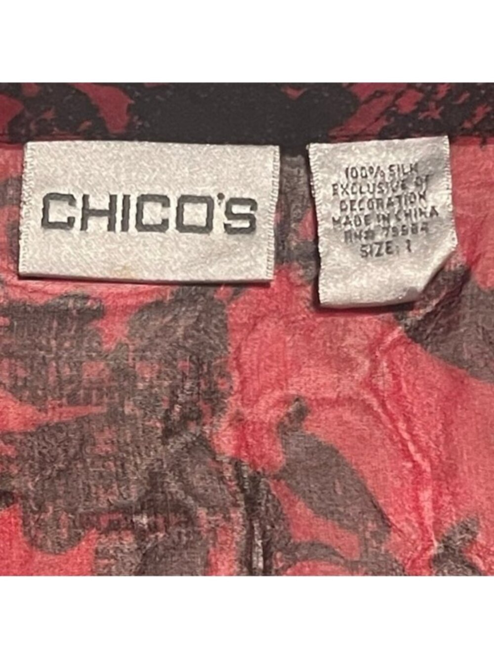 Chico's Deep Red & Black Beaded V Neck Long Sleeves Sheer Silk Top Size Large - Picture 7 of 10
